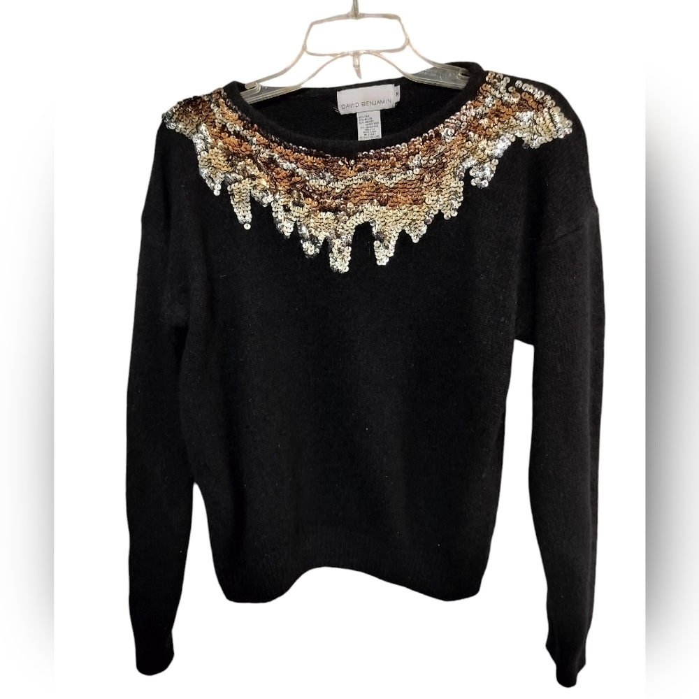 3034)Vtg David Benjamin Black Gold Sequin Silk Blend Crew Neck Sweater Medium